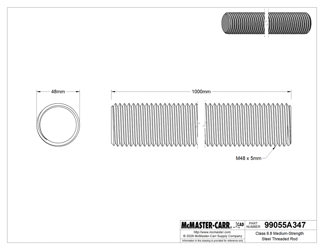 Technical Drawing of Class 8.8 Medium-Strength Steel Threaded Rod, M48 x 5 mm Thread Size, 1 M Long.